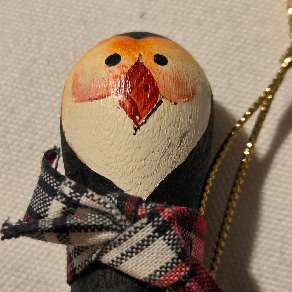 Hand Painted Wooden‎ Penguin Ornament Bowling Pin Shape Plaid Scarf Christmas